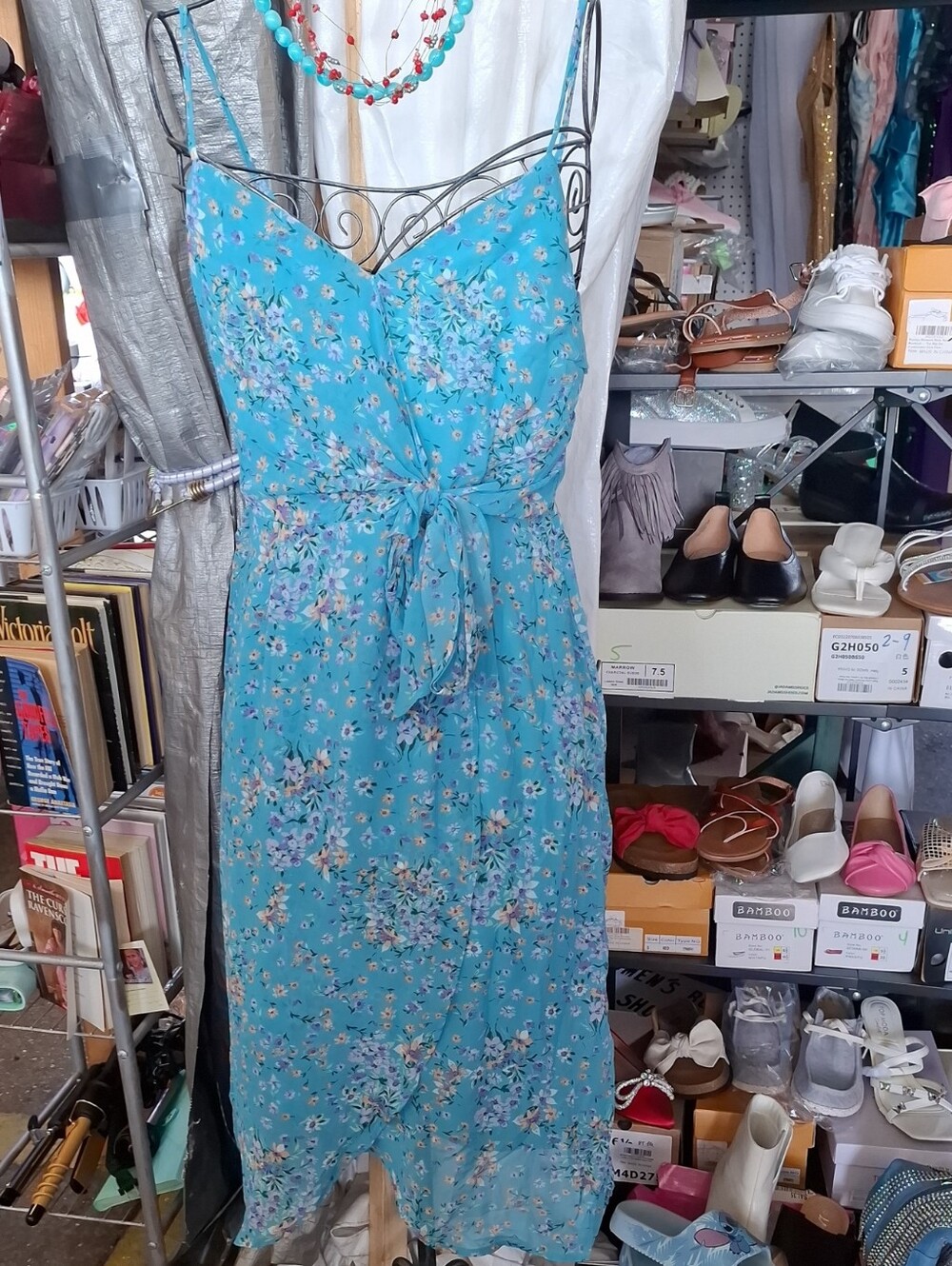 Turquoise Floral Maxi Dress with Tie-Waist